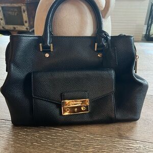 Michael Kors Haley Black Pebbled Leather Satchel with Gold Hardware